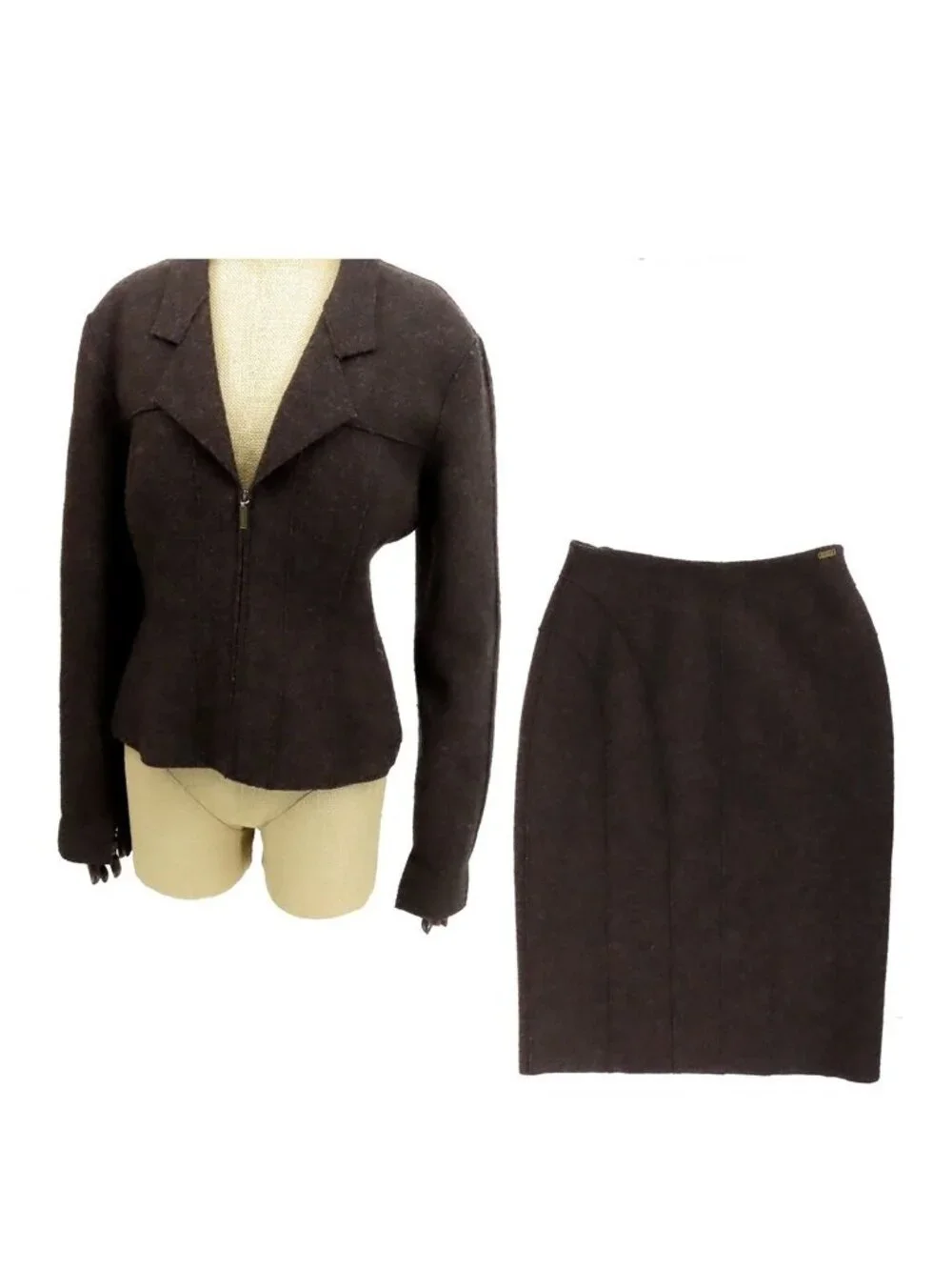 Chanel Identification Set Dark Brown Wool Jacket Skirt Vintage 40